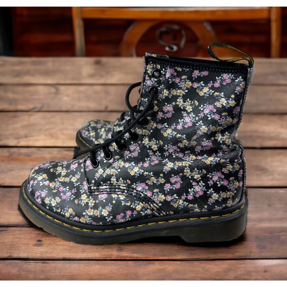 Dr. Martens Shoes - Dr Martens Distressed Floral Combat Boots Women Size 8 Clemency Y2K Grunge 11821